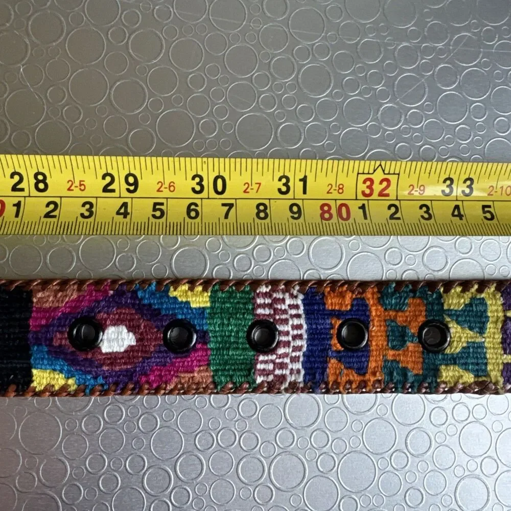 Vintage Handmade Guatemala Woven Belt 32 Cotton Leather Aztec Folk Art Southwest